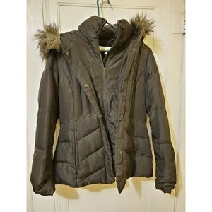 CALVIN KLEIN Womens Small Black Down Jacket Short Coat Fleece Lined Hooded  EUC